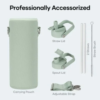 Buzio Duet Series Water Bottle with 2 Lids and Sleeve 1.2L - Green